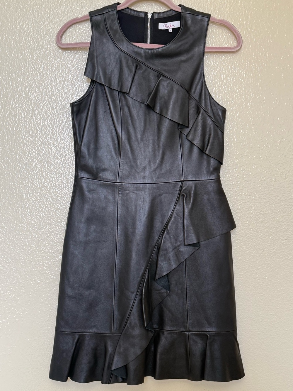 Parker Black Genuine Leather Ruffle Sheath Dress Size S Cocktail Goth Luxury - Picture 2 of 10